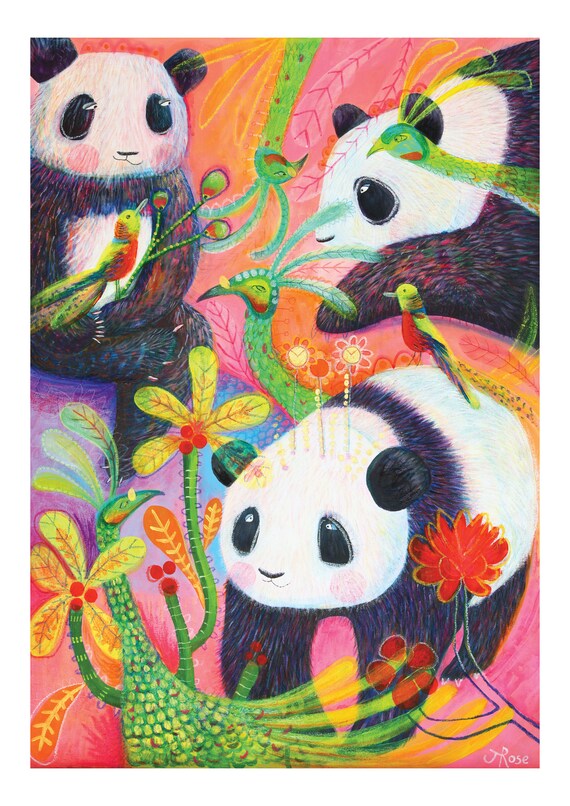 A4 Fine Art, Giclée Print Of My Original Painting, 'Panda And Peacocks'