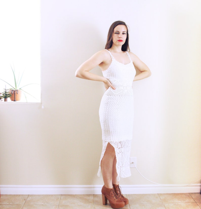 1970s Crochet Maxi Dress Knit Maxi Dress Knit Dress White Dress Crochet Wedding Dress Crochet Bridal Gown Lace Dress White Crochet Dress