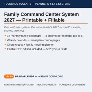 May include: A digital Family Command Center System 2027 planner featuring printable and fillable pages. Includes 12 monthly calendars, weekly meal planners, chore charts, and a family meeting planner with 592 type-in fields for organisation.