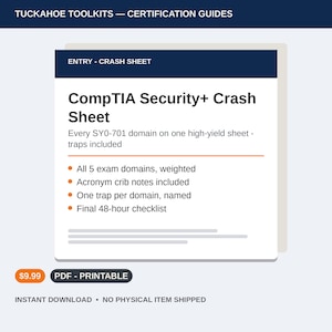 以下が含まれることがあります： 白と濃紺のCompTIA Security+クラッシュシート文書。Tuckahoe Toolkits Certification Guides、Entry-Crash Sheet、Every SY0-701 domain on one high-yield sheet、traps included、および最終48時間チェックリストというテキストが記載されています。