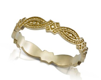 Oriental Gold Ring, Unique Wedding Band, Dainty Vintage Ring, Vintage Wedding Band, Art Deco Wedding Band, Impressive Ring, Milgrain Ring