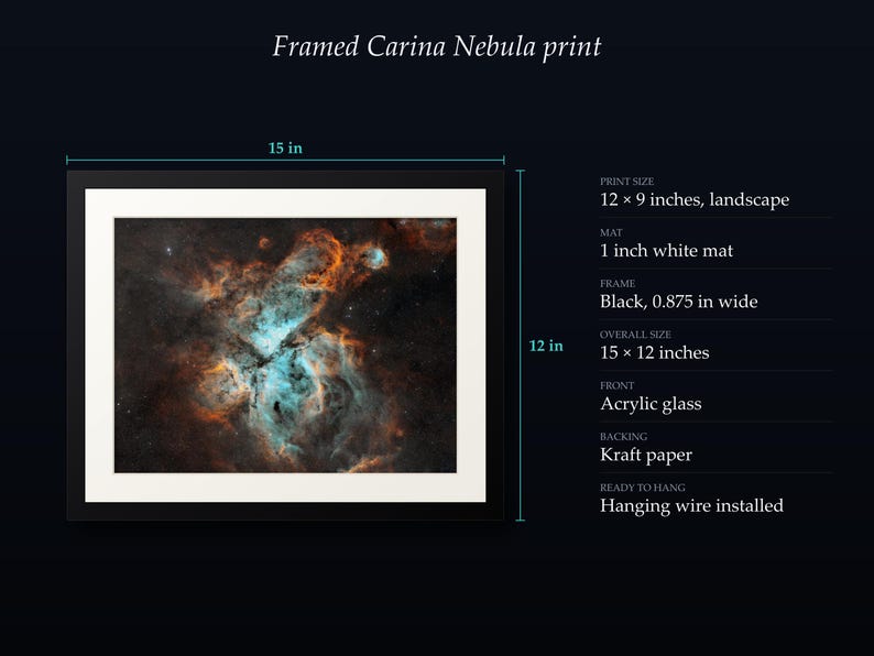 May include: A framed Carina Nebula print measuring 15 by 12 inches overall. The landscape print is 12 by 9 inches with a 1-inch white mat and a 0.875-inch wide black frame. It features acrylic glass, a kraft paper backing, and hanging wire.