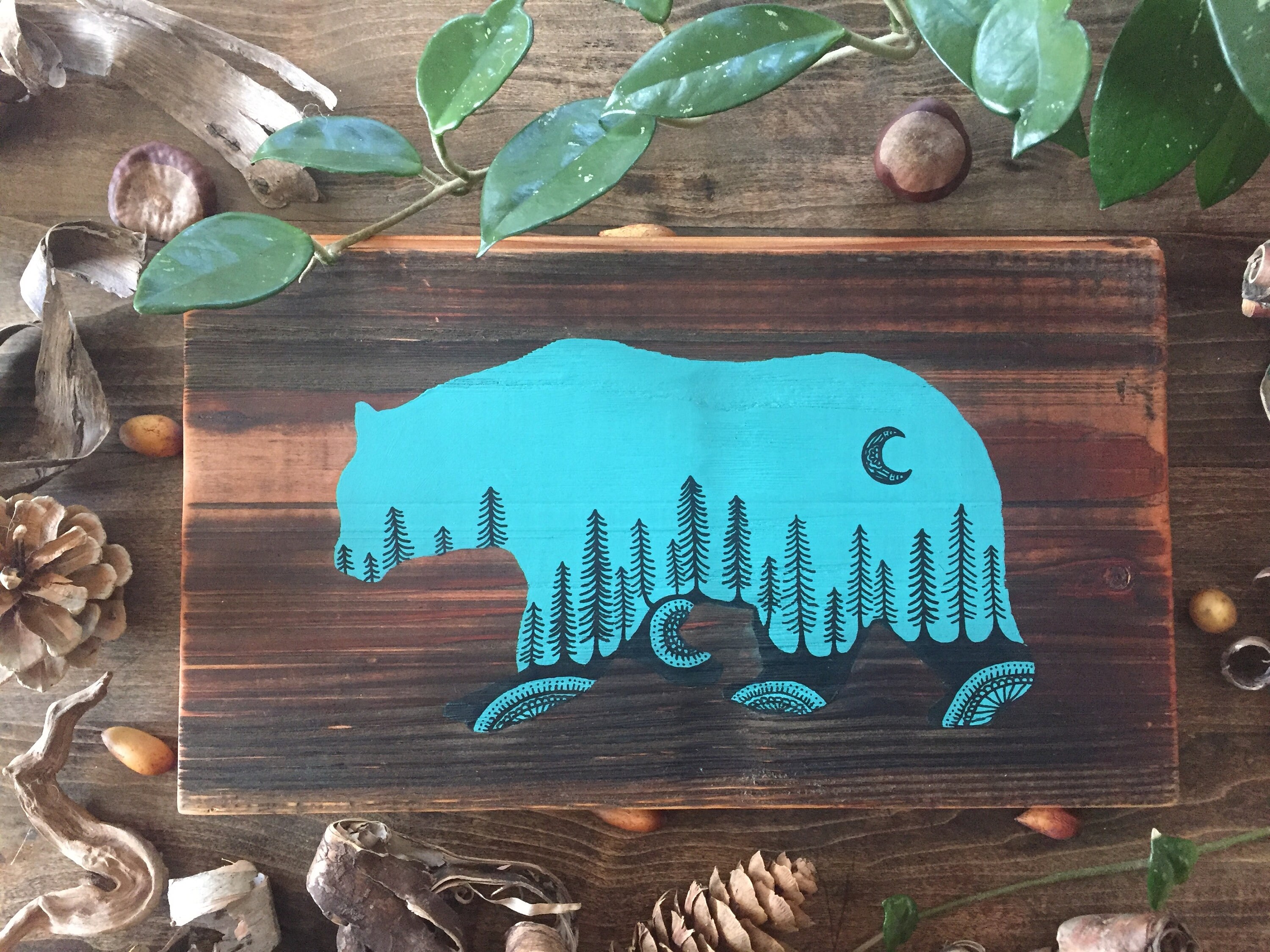 Sitka Mandala Bear In Turquoise Hand Painted Boho Reclaimed