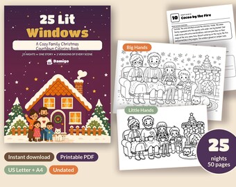 25 Lit Windows Christmas Countdown Coloring Pages | Printable Advent Coloring Book for Kids & Family | Read-Aloud Story | US Letter + A4