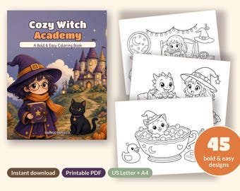 Cozy Witch Academy Coloring Pages | 45 Bold & Easy Printable PDF | Cute Magic School Coloring Book for Adults and Teens | US Letter + A4