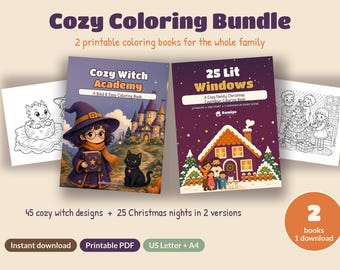 Cozy Coloring Bundle: Cozy Witch Academy + 25 Lit Windows | 2 Printable Coloring Books PDF | Christmas Countdown & Witch Coloring Pages