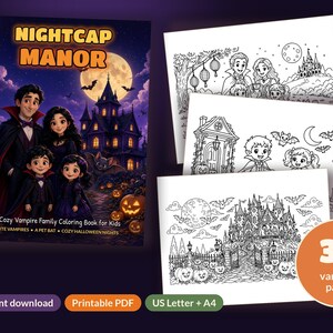 Cute Vampire Coloring Pages for Kids | 34 Cozy Halloween Printable PDF | Nightcap Manor Bat Coloring Book | US Letter + A4