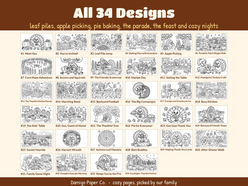 Thanksgiving Coloring Pages for Kids Ages 4-8 | 34 Cute Turkey Printable PDF | Turkey Day with Gus Coloring Book | US Letter + A4 image 3