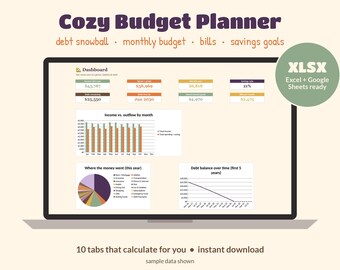 Cozy Budget Planner Google Sheets & Excel | Debt Snowball Tracker | Monthly Budget Spreadsheet | Bill and Savings Tracker | Any Year
