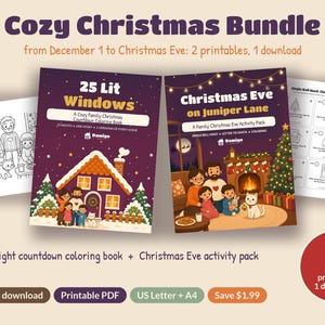 May include: A digital bundle titled Cozy Christmas Bundle featuring a 25 Lit Windows coloring book and a Christmas Eve on Juniper Lane activity pack. Includes printable PDF pages with illustrations of families, holiday scenes, and clue cards.