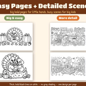 Thanksgiving Coloring Pages for Kids Ages 4-8 | 34 Cute Turkey Printable PDF | Turkey Day with Gus Coloring Book | US Letter + A4 image 4