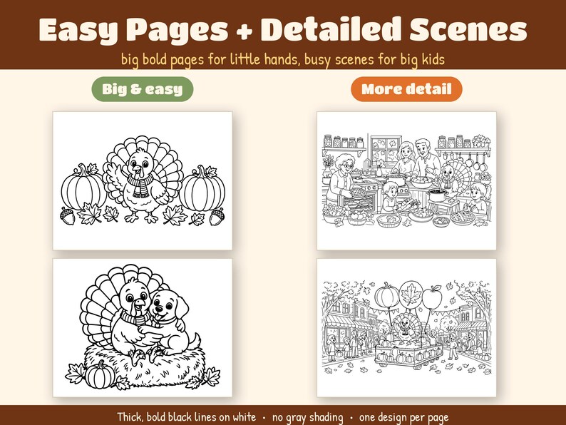 Thanksgiving Coloring Pages for Kids Ages 4-8 | 34 Cute Turkey Printable PDF | Turkey Day with Gus Coloring Book | US Letter + A4 image 4