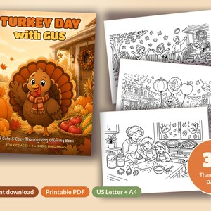 Thanksgiving Coloring Pages for Kids Ages 4-8 | 34 Cute Turkey Printable PDF | Turkey Day with Gus Coloring Book | US Letter + A4 image 1