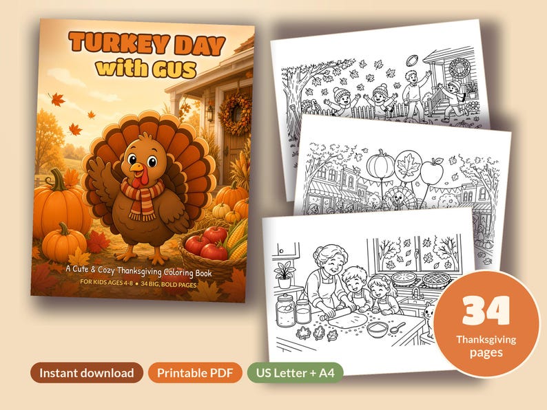 Thanksgiving Coloring Pages for Kids Ages 4-8 | 34 Cute Turkey Printable PDF | Turkey Day with Gus Coloring Book | US Letter + A4 image 1