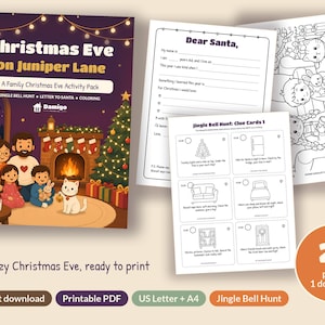 May include: A Christmas Eve on Juniper Lane activity pack featuring a cover with a family by a fireplace, a Dear Santa letter template, a Jingle Bell Hunt clue sheet, and a coloring page. The set includes 27 printable pages in total.