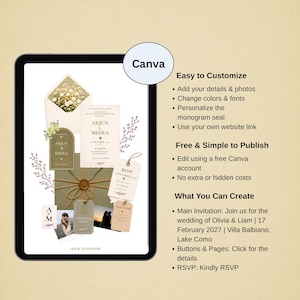 Può includere: Un tablet digitale che mostra un modello di partecipazione di nozze con busta, cartoline RSVP ed etichette in tonalità neutre. Il testo include 'Arjun & Meera', 'Easy to Customize', 'Free & Simple to Publish' e 'What You Can Create'.