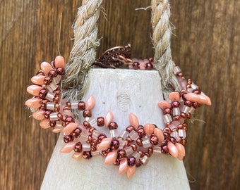 Seaside Peach Pink Apricot Copper Rosy Bronze Beaded Bracelet with Copper Toggle Clasp: "Shelley"