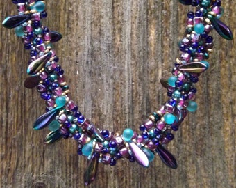 Seaside Jewel-Tone Purple Aqua Blue Gold Dagger Beaded Necklace: "Rhea"