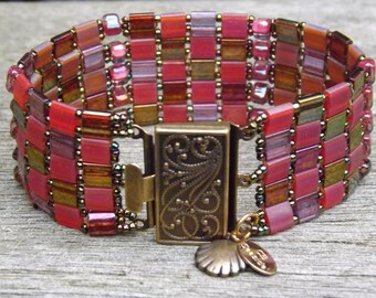 Seaside Rose Gold Rainbow Luster,  Matte Pink and Bronze Plum Iris Tila Cuff with Antique Gold Swirl Box Clasp and Sea Shell Charm: "Taylor"