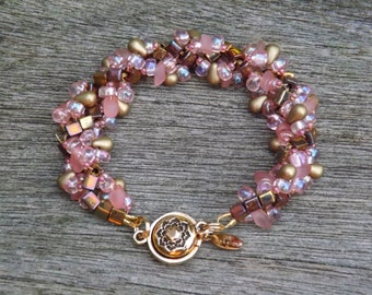 Seaside Gold Metallic, Rose, Peach, Pink, Topaz and Bronze Beaded Bracelet with Gold Magnetic Flower Clasp: "Rylee"