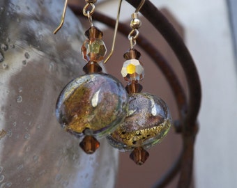 Seaside Gold, Amber, Amethyst, Cinnamon, Murano Glass and Swarovski Crystal Earrings with Gold-Filled Ear Wires: "Amber"