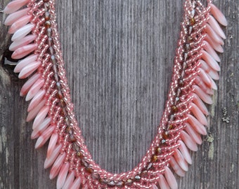 Seaside Coral and Ivory Beaded Dagger Necklace with Chocolate Copper Chain and Seahorse Charm: "Cheri"