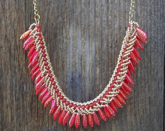 Seaside Bright Vivid Poppy Red and Gold Etched Dagger Beaded Necklace with Delicate Gold Chain and Gold Hammered Toggle: "Cerise"