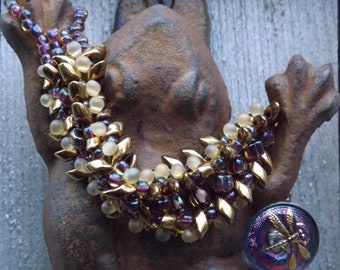 Seaside Amethyst, Mauve, Purple, Gold and Dark Bronze Beaded Cuff with Dragonfly Button Clasp: "Madeline"