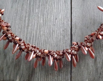 Seaside Peach Pink Apricot Copper Rosy Bronze Dagger Beaded Necklace with Copper Crab Toggle Clasp: "Shelley"