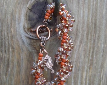 Seaside Terra Cotta, Honey, Orange, Gold Luster Beaded Bracelet with Copper Toggle Clasp and Seahorse "Cassie"