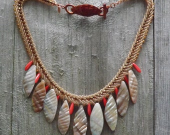 Seaside Shell Pendant, Deep Red Coral, Bronze and Topaz Beaded Dagger Necklace with Designer Metallic Copper Crab Clasp: "Caroline"