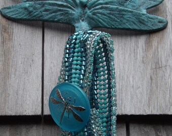 Seaside Turquoise Metallic, Matte and Crystal Cuff with Silver Dragonfly Button: "Doreen"