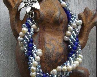 Seaside Cobalt, Indigo, Pearl Green Luster, and Navy Beaded Bracelet with Silver Flower Toggle: "Sophie"