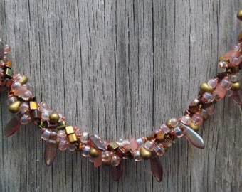 Seaside Gold Metallic, Rose, Peach, Pink, Topaz and Bronze Dagger Beaded Necklace with Matte Gold Chain and Deco Toggle Clasp: "Rylee"