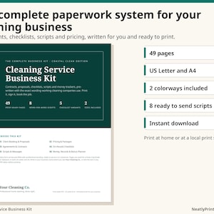 May include: A digital cleaning service business kit featuring 49 pages, US Letter and A4 sizes, 2 colorways, and 8 scripts. The document includes sections for client booking, proposals, agreements, contracts, checklists, and money records.