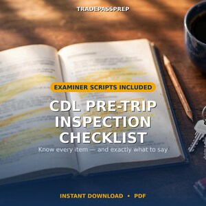Puede incluir: Un libro abierto titulado CDL PRE-TRIP INSPECTION CHECKLIST con EXAMINER SCRIPTS INCLUDED. Las páginas muestran texto resaltado en amarillo. El texto de la portada dice TRADEPASSPREP y Know every item — and exactly what to say.