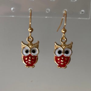Owl Earring Set Red and Gold on Nickel-Free Gold Iron Wires *