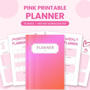 Pink Printable Planner PDF, Undated Yearly Monthly Weekly Daily Planner, Study Planner, Book Review, Movie List, Travel Wishlist, Diary
