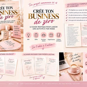 Peut inclure: Un guide pratique intitulé Crée ton Business de zéro avec une palette de couleurs rose pâle et blanc. La couverture et les pages intérieures présentent du texte, des listes de contrôle et des plans de chapitres pour lancer une activité. La mise en page inclut des icônes, des points et des sections pour la planification, la stratégie, le marketing et les ventes.