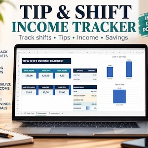 Könnte beinhalten: Ein Laptop-Bildschirm mit einer Tip & Shift Income Tracker-Tabelle. Das Dashboard enthält Datentabellen für Gesamteinkommen, Trinkgelder und Stunden sowie Balkendiagramme für Bar- und Kartentrinkgelder und einen Bereich für Sparziele.