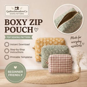 May include: A PDF sewing pattern for a boxy zip pouch by QuiltedMeadowCo. The image displays three quilted pouches in mustard floral, sage floral, and pink gingham patterns, with a circular inset showing the open interior of a pouch.