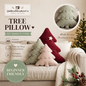 May include: Three tree-shaped pillows in burgundy, light pink, and green gingham check fabric. The pillows feature scalloped edges and a small white star on the burgundy one. Text includes QuiltedMeadowCo Tree Pillow PDF Sewing Pattern.