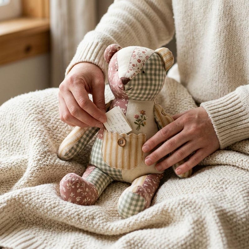 May include: A patchwork teddy bear constructed from various fabric patterns including green gingham, floral prints, and tan stripes. The bear features a small front pocket with a wooden button and holds a small white note with handwritten text.