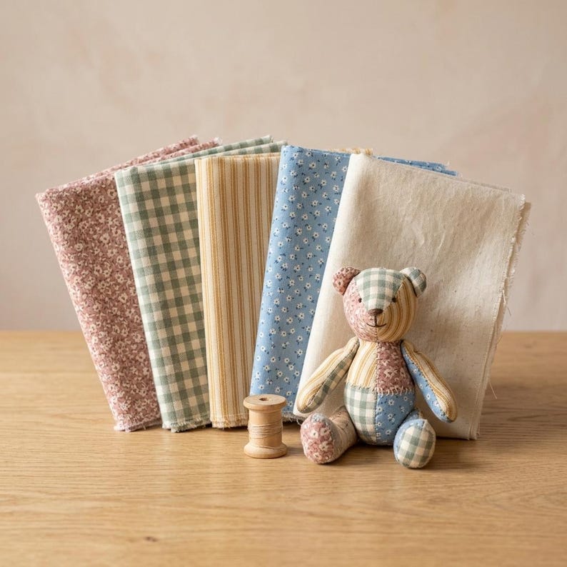 May include: A collection of five folded fabric swatches featuring floral, gingham, striped, and solid patterns in muted tones, accompanied by a small wooden spool and a patchwork teddy bear made from matching fabric scraps.