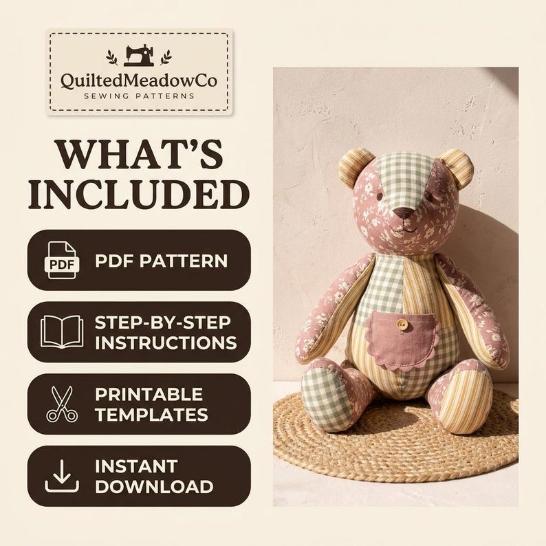 May include: A stuffed teddy bear made of patchwork fabric in shades of pink, green, and yellow with floral and gingham patterns. The bear features a small pocket on its chest with a single button. Text includes QuiltedMeadowCo Sewing Patterns, What's Included, PDF Pattern, Step-by-Step Instructions, Printable Templates, and Instant Download.