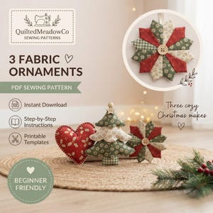 May include: A PDF sewing pattern for three fabric ornaments from QuiltedMeadowCo. The set includes a red heart, a green and white Christmas tree, and a star-shaped ornament, all featuring festive floral and gingham fabric patterns.