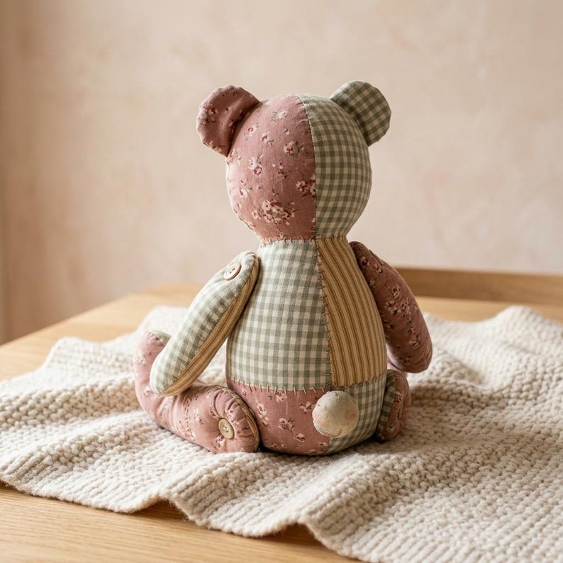 May include: A stuffed teddy bear constructed from patchwork fabric featuring a mix of dusty rose floral print, sage green gingham, and tan striped patterns. The bear has visible button joints at the shoulders and hips and a small round tail.