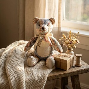 May include: A stuffed teddy bear made of patchwork fabric featuring floral, gingham, and striped patterns in muted tones. The bear has a cream-colored ribbon tied around its neck and a small pocket on its chest containing a tiny envelope.