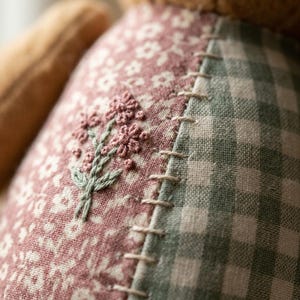 May include: A stuffed toy featuring a patchwork design with a dusty rose fabric printed with small white flowers and a sage green and white gingham fabric. The two sections are joined by visible cream-colored whip stitching.