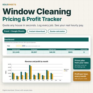 Window Cleaning Business Spreadsheet, Window Washing Price Calculator, Client and Job Tracker, Profit Dashboard, Excel and Google Sheets